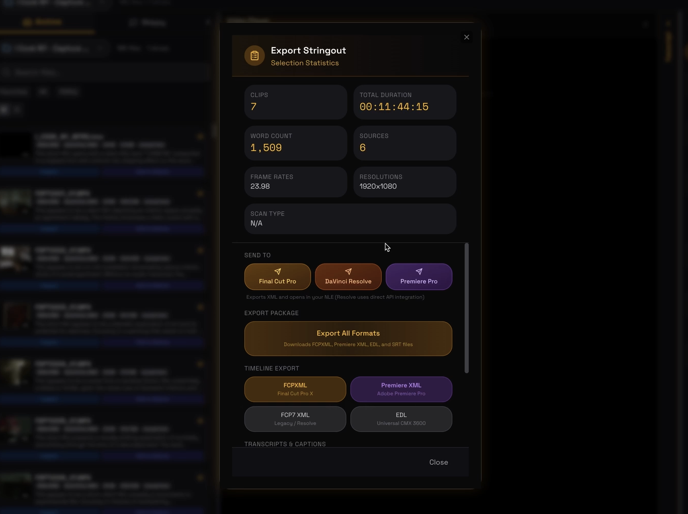 Xappio Alpha — Export to NLE dialog